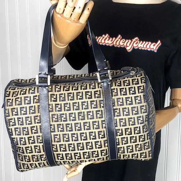 FENDI Zucca Navy Blue Leather Grey Canvas Boston Carry-On Bag Speedy 30 EUC - Picture 17 of 17